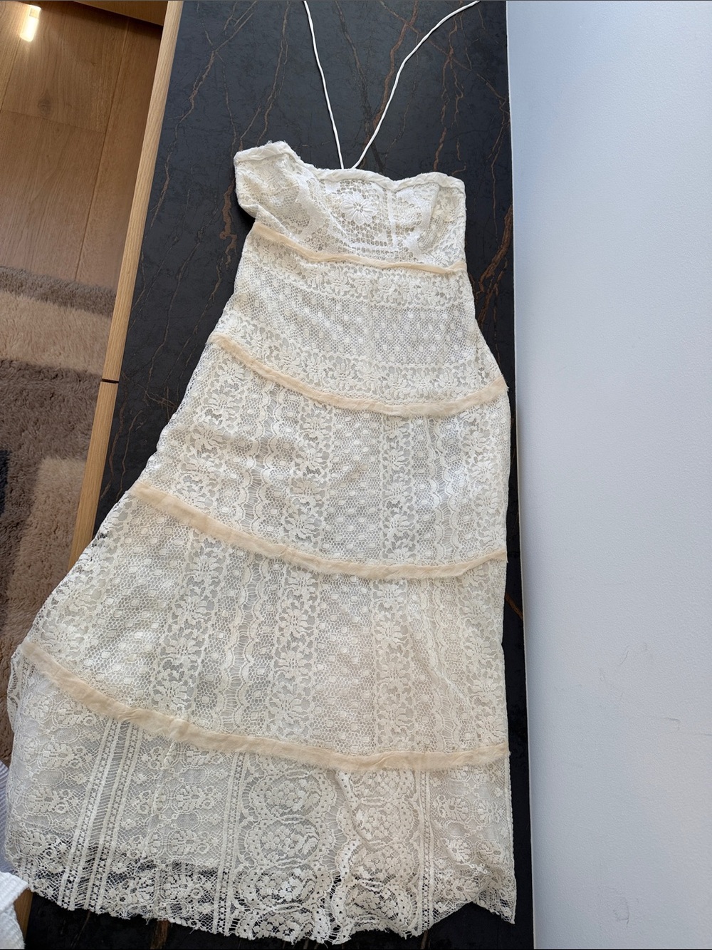 Ivory Lace Strapless Tiered Midi Dress